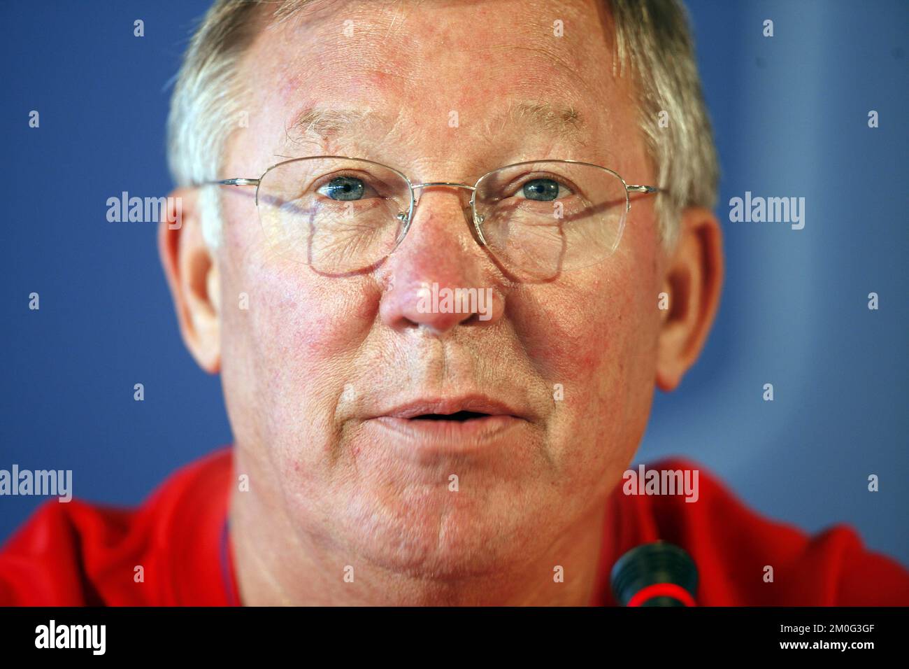 Manchester United manager Sir Alex Ferguson answers questions during a press meeting Monday Sept. 29, 2008 in Aalborg, Denmark, before the Champions League match between Manchester United and Danish team AaB Tuesday in Aalborg. (AP Photo/POLFOTO, Mick Anderson) ** DENMARK OUT ** Stock Photo