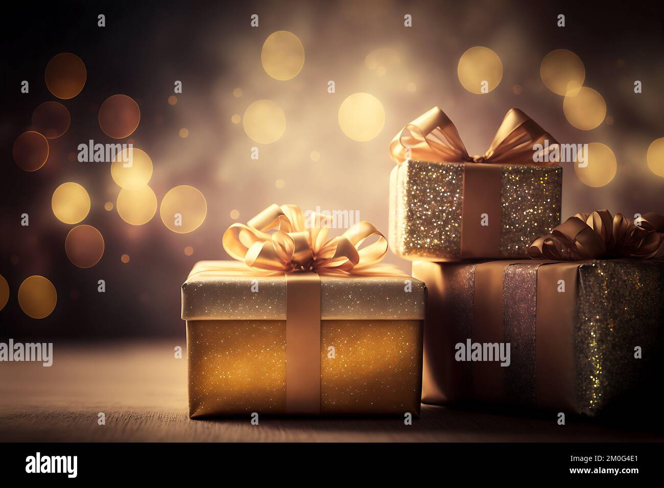 xmas gifts on christmas lights bokeh background. generative ai Stock Photo