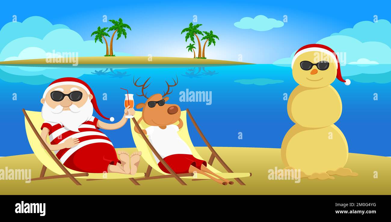 Santa, reindeer and sand snowman on beach. Vector illustration. Stock Vector