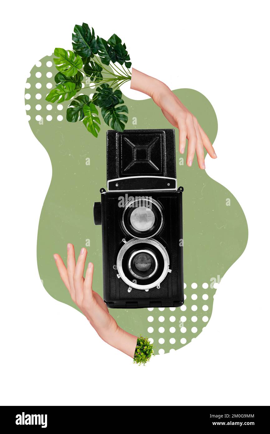 Collage photo picture of hands hold old retro vintage photo camera ...