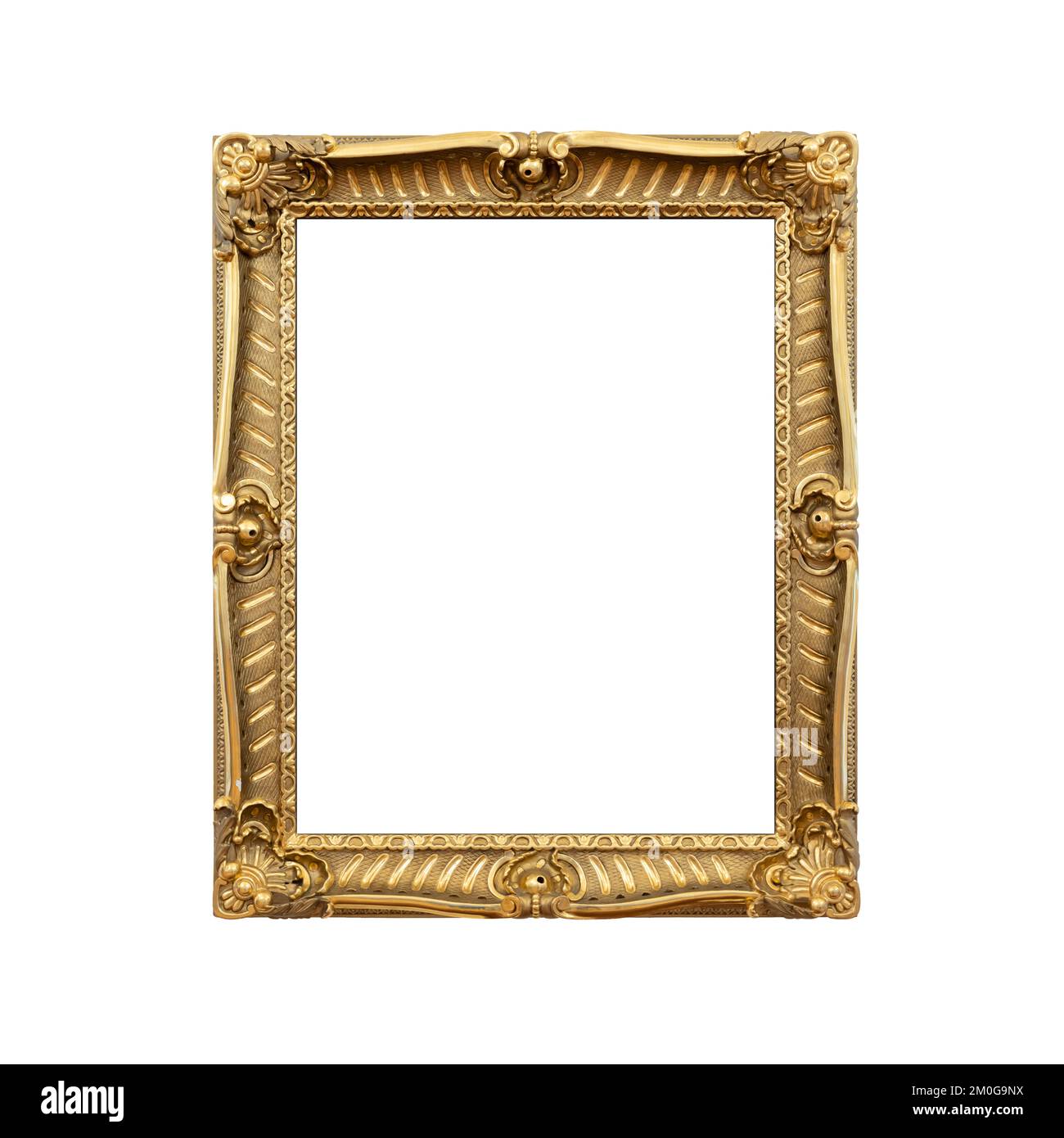 Gilded blank wooden frame isolated on white background, frontal template photo Stock Photo