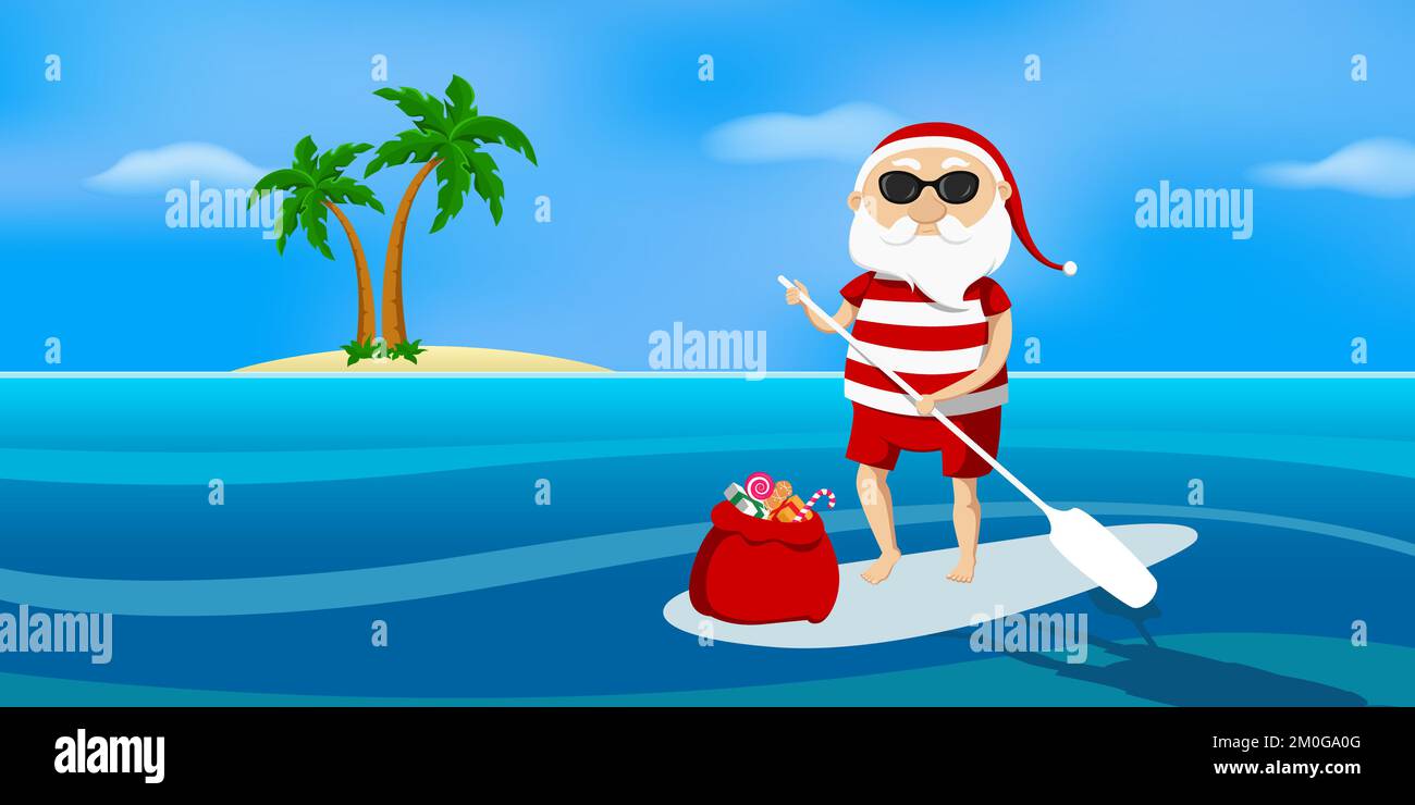 Santa Claus on SUP board. Vector illustration. Stock Vector