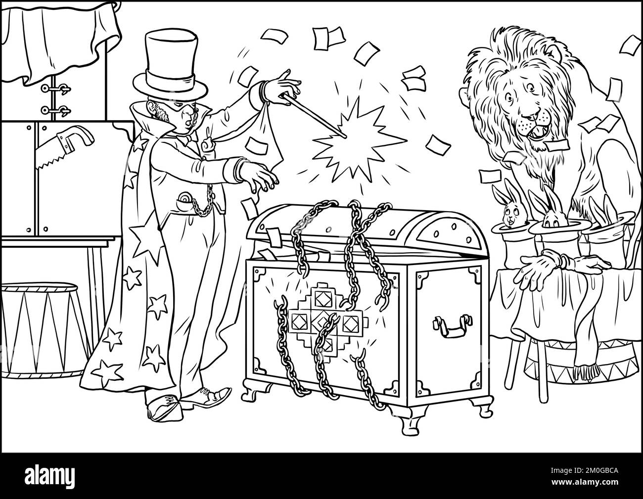 The magician in the circus shows his art. Coloring page with the illusionist. Coloring template with wizard. Stock Photo