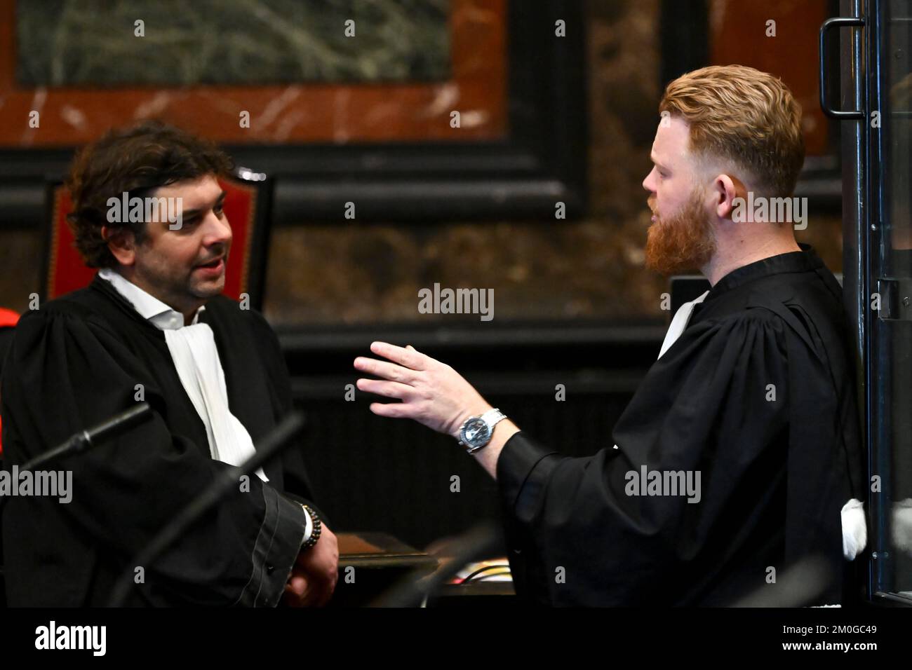 Lawyer Steve Lambert representing the civil parties and Lawyer Jonathan De Taye, representing the accused pictured during the jury constitution at the trial of Salim El Messaoudi, before the Brussels-Capital Assizes Court, in Brussels, Tuesday 06 December 2022. El Messaoudi, a man in his 40s, is accused of the murder of a 28-year-old young man, named Omar, committed in Molenbeek-Saint-Jean on December 8, 2020. BELGA PHOTO DIRK WAEM Stock Photo