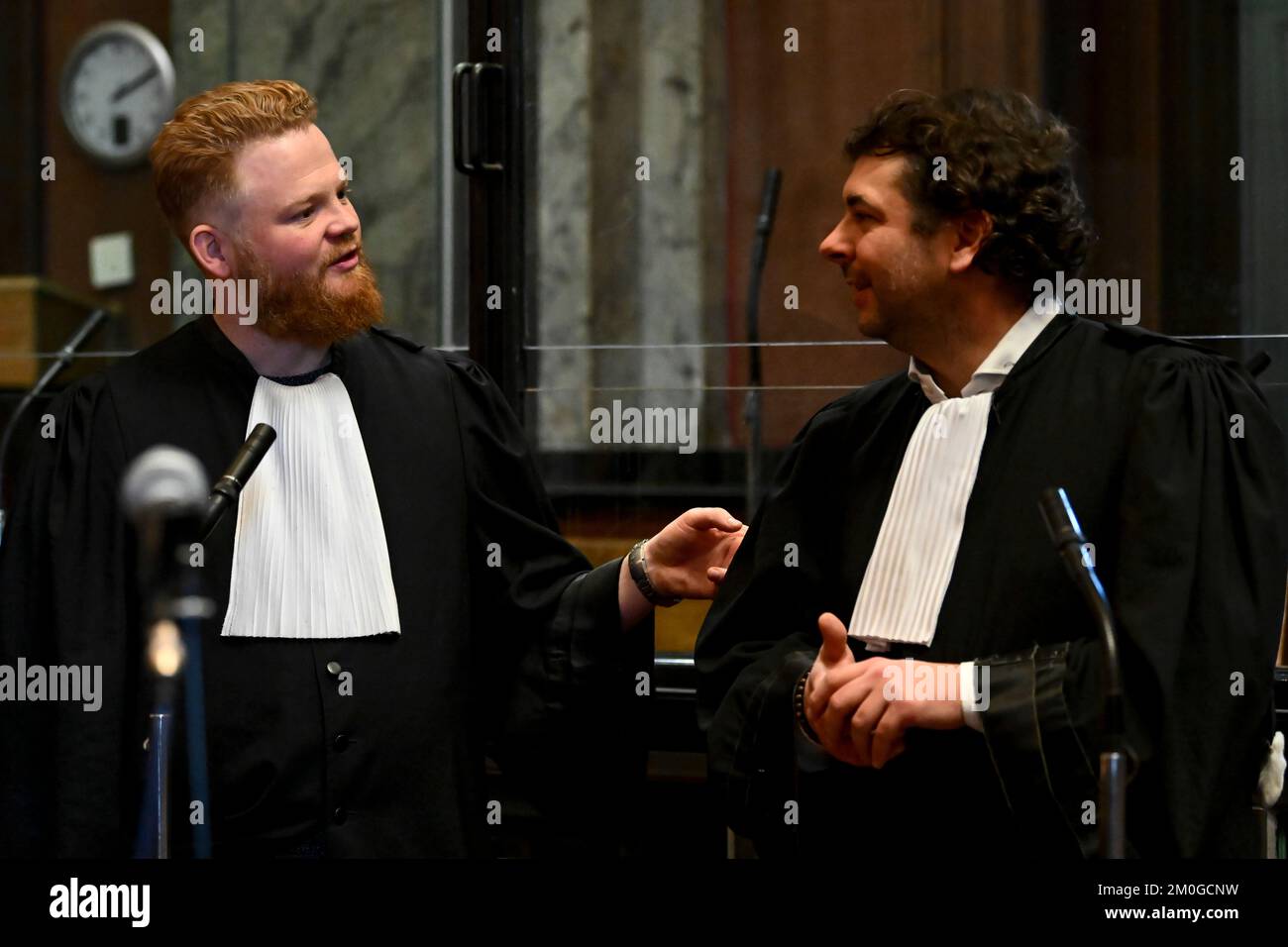 Brussels, Belgium, 06 December 2022, Lawyer Jonathan De Taye representing the accused and Lawyer Steve Lambert representing the civil parties pictured ahead of the jury constitution at the trial of Salim El Messaoudi, before the Brussels-Capital Assizes Court, in Brussels, Tuesday 06 December 2022. El Messaoudi, a man in his 40s, is accused of the murder of a 28-year-old young man, named Omar, committed in Molenbeek-Saint-Jean on December 8, 2020. BELGA PHOTO DIRK WAEM Stock Photo