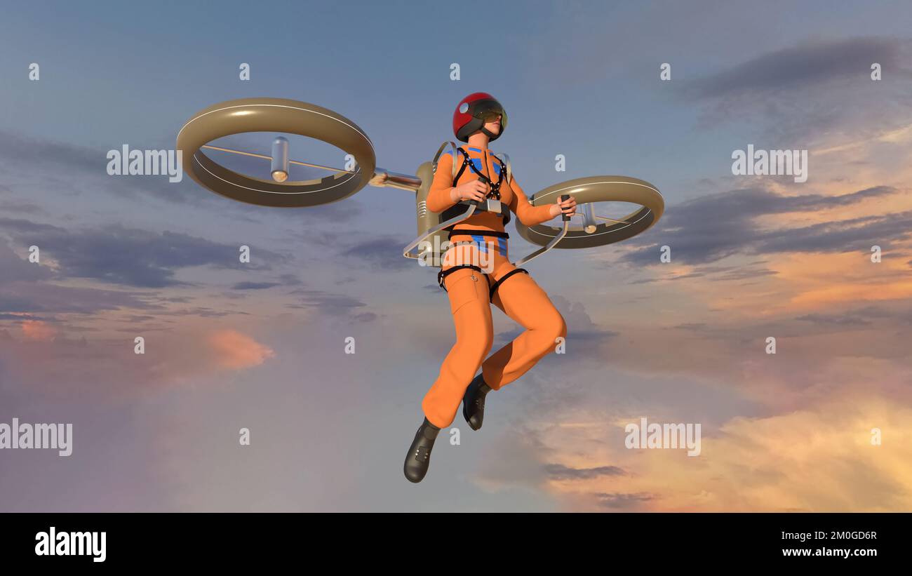 Woman flying in an air vehicle Stock Photo