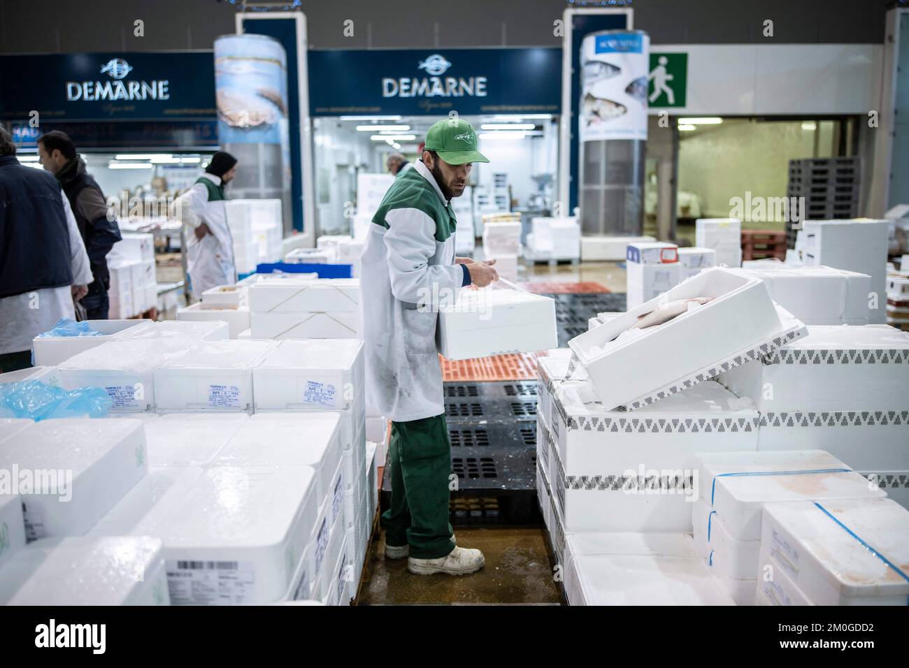 Staff work in the seafood pavilion at Rungis International wholesale ...