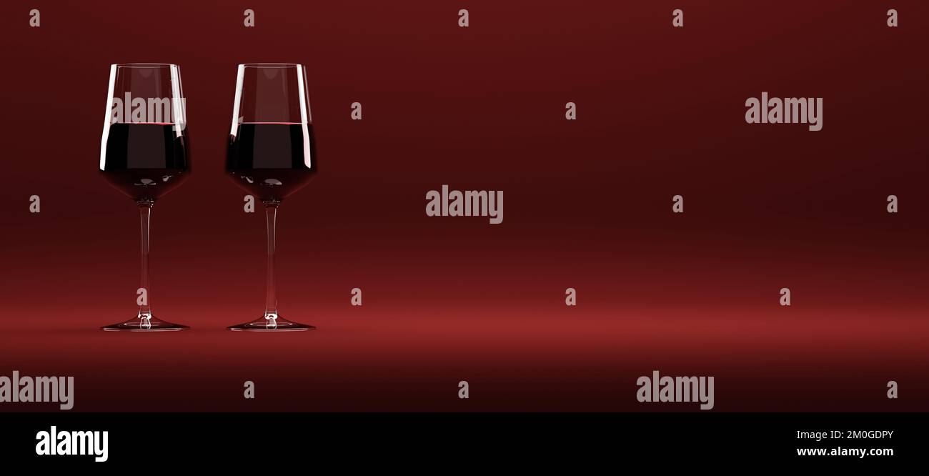 Two glasses of red wine on red background Stock Photo