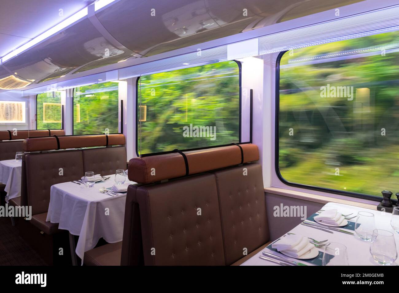 Interior of the gold leaf Rocky Mountaineer restoration train wagon while riding in British Columbia, Canada. Stock Photo