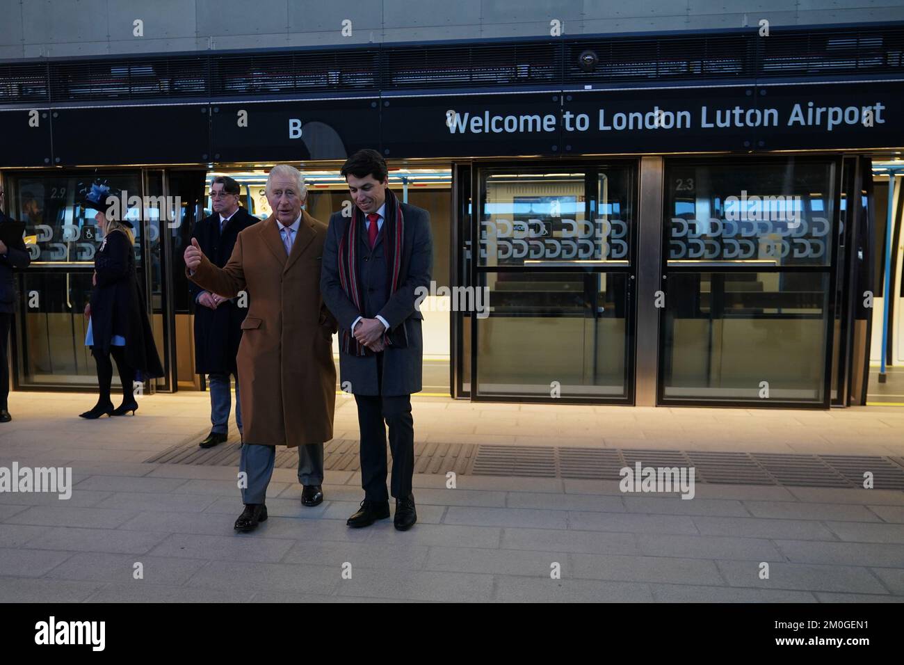 King Charles III arrives at the Luton DART central terminal at Luton