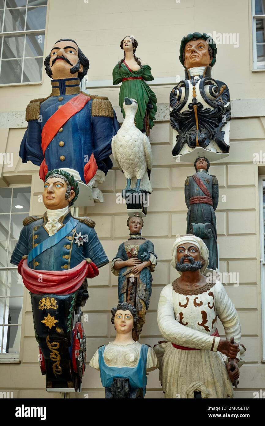 National Maritime Museum display of Ship Figureheads, London, UK. Stock Photo