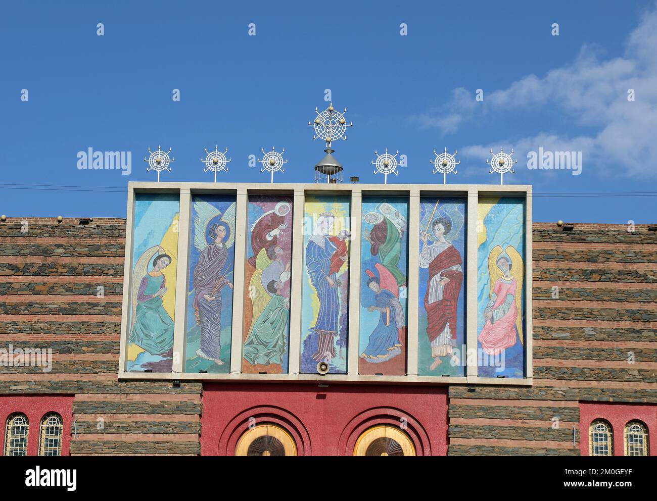 Mosaics on the facade of Enda Marian Church in Asmara Stock Photo
