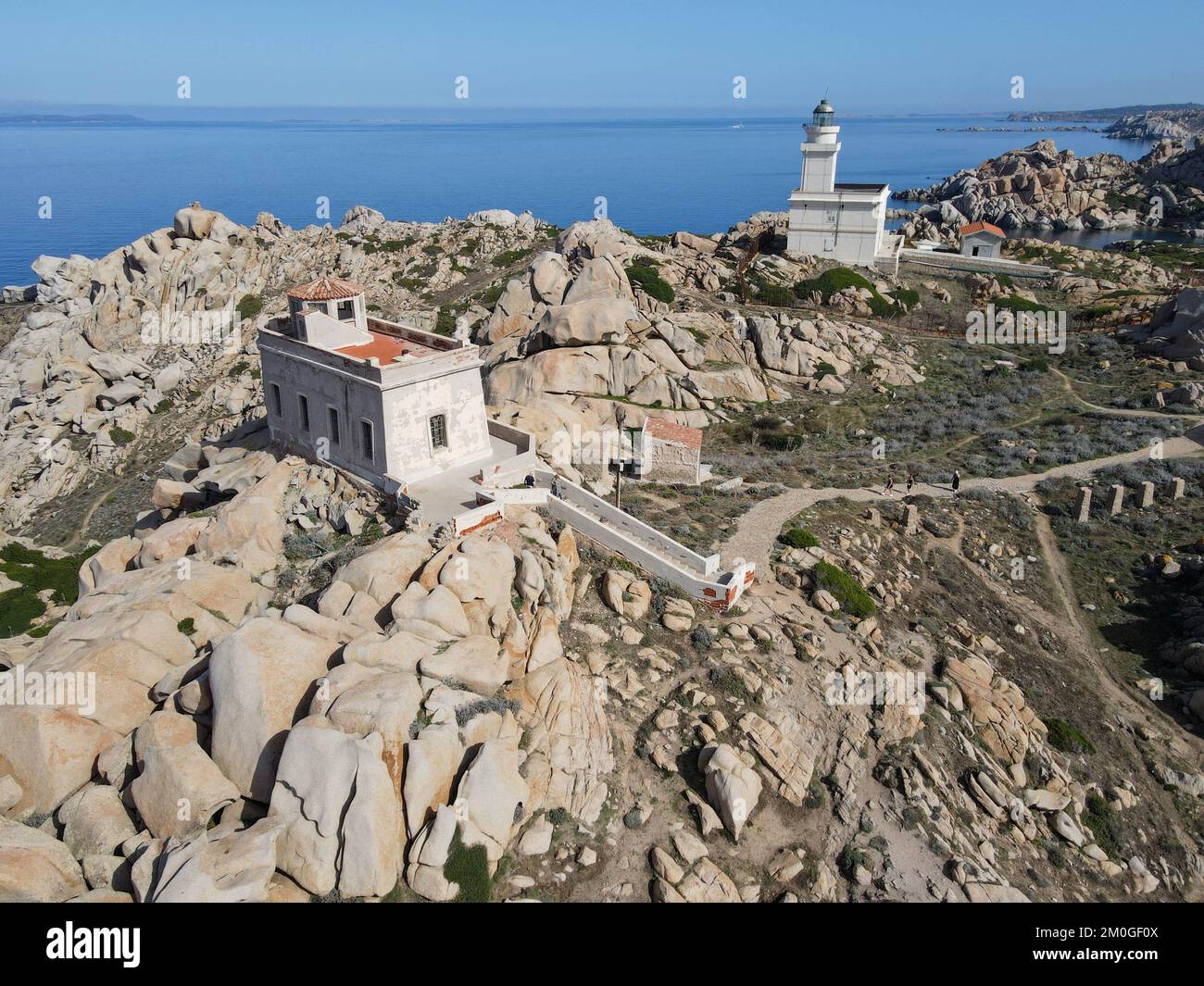 Drone view at the lighthouse of Capo Testa near Santa Teresa di Gallura on Sardinia in Italy Stock Photo