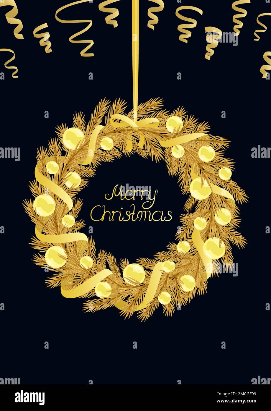 Christmas greeting card with golden fir wreath, ribbons and bubbles ...