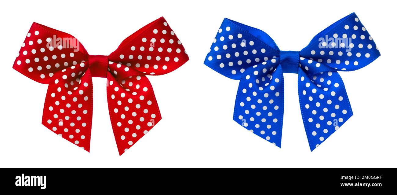 red and blue ribbon bow with dots isolated on white background Stock Photo