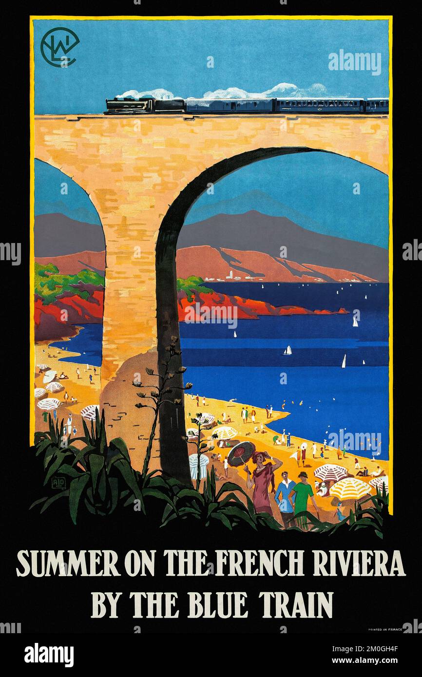 Summer on the French Riviera by the Blue train by Charles Jean Hallo ALO (1882-1969). Poster published in the 1920s in France. Stock Photo