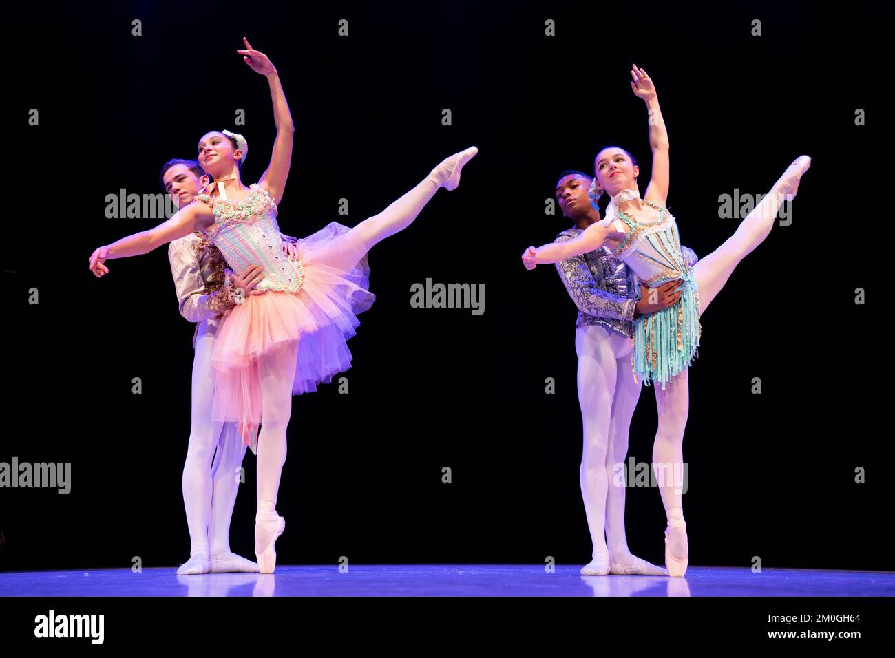 (left to right) Samuel Pitman, Hattie Conway, Xavier Andriambolanoro-Sotiya and Nicola Kilmurry, dancers from the Central School of Ballet perform during a photo call at the school's Countess of Wessex studios in London, wearing costumes from the Nutcracker's Mirlitons, part of the repertoire featured in their Winter Showcase performances taking place at their Gable Theatre on December 7 and 8. Picture date: Tuesday December 6, 2022. Stock Photo