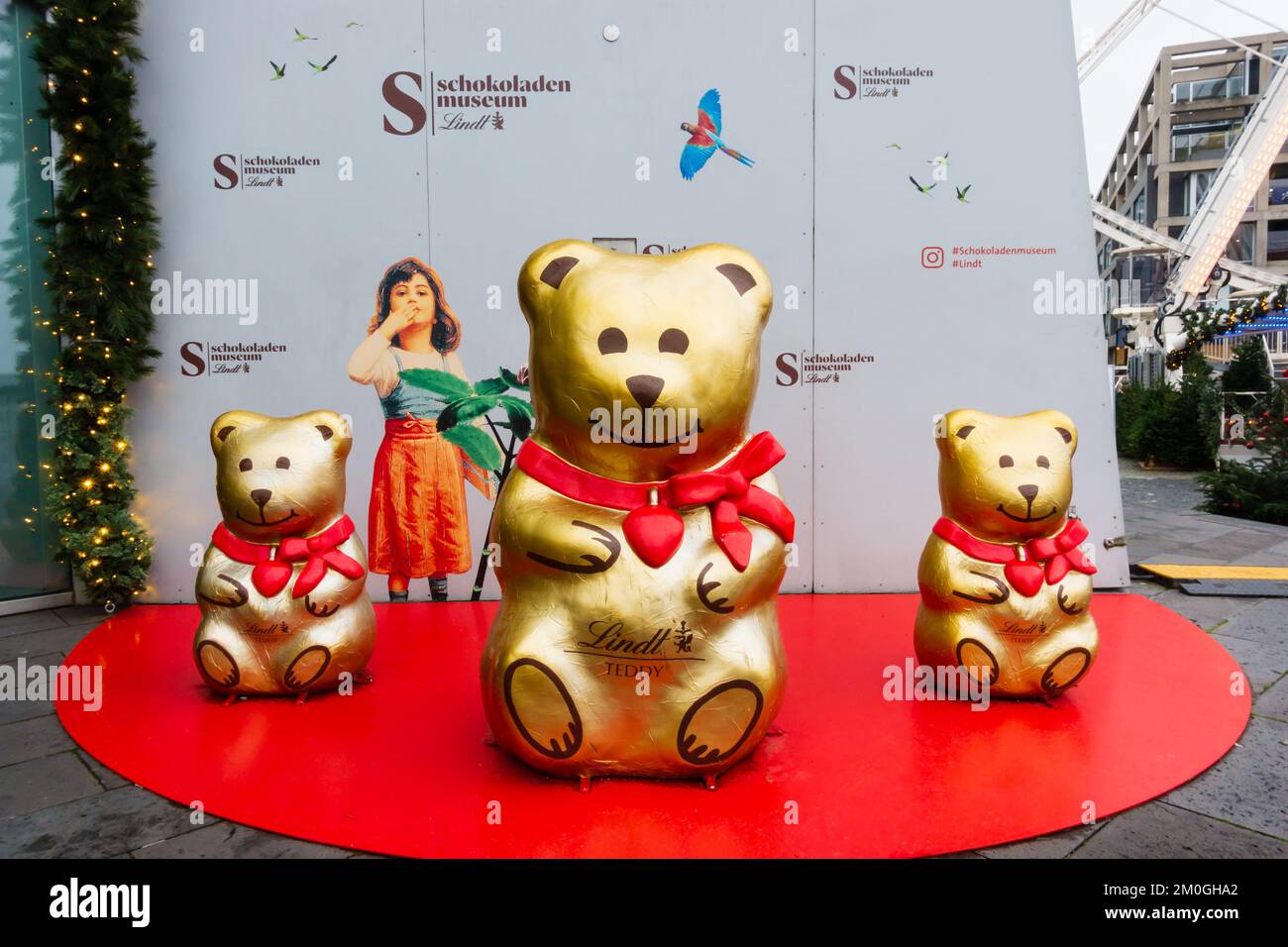 Gold Lindt chocolate Teddy scultures at the Lindt Schokoladen Museum, Koln, Cologne, Germany. Stock Photo