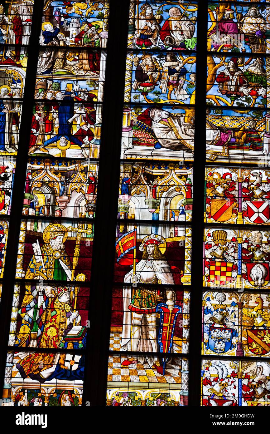 Stained glass window detail, Cologne Koln catholic Cathedral Dom. Cologne, North rhine Westfalia, Germany Stock Photo