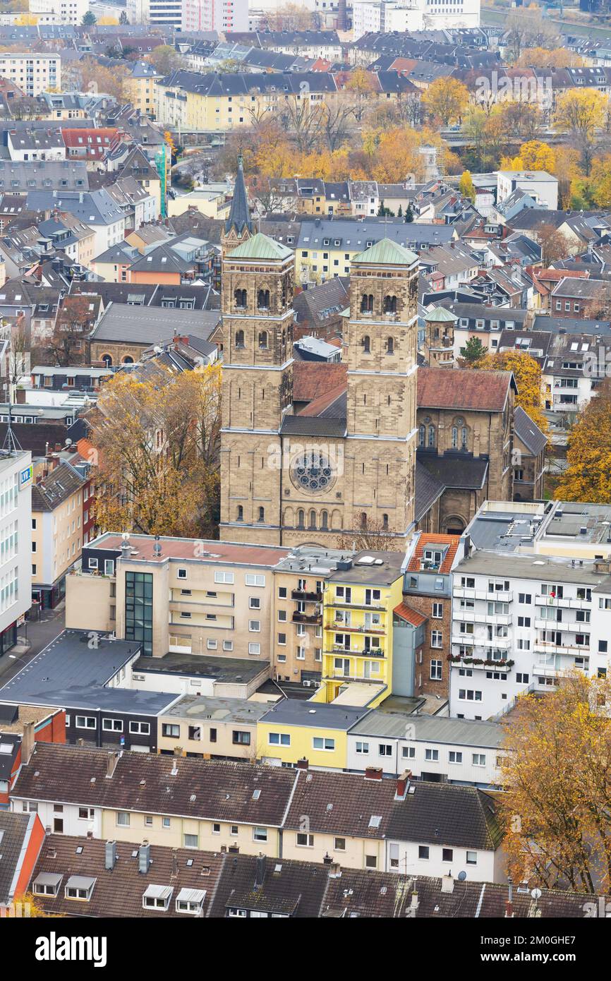 St Heribert Roman Catholic Church, seen from above at the Cologne Triangle tower. Koln Cologne, North Rhine Westfalia, West Germany Stock Photo