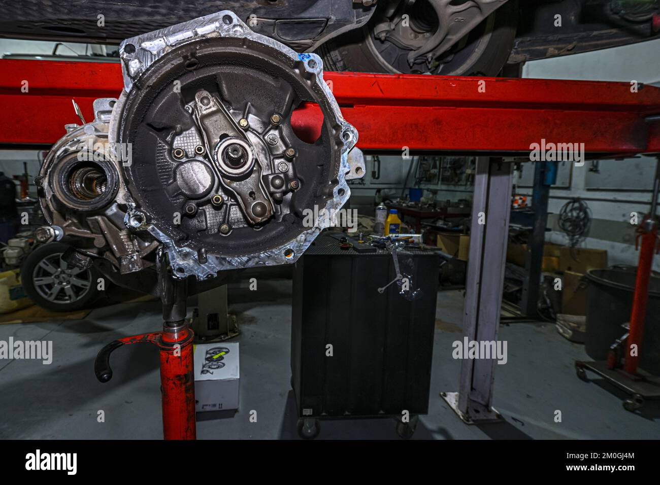 Hands of a mechanic removing the clutch disc from a vehicle Stock Photo