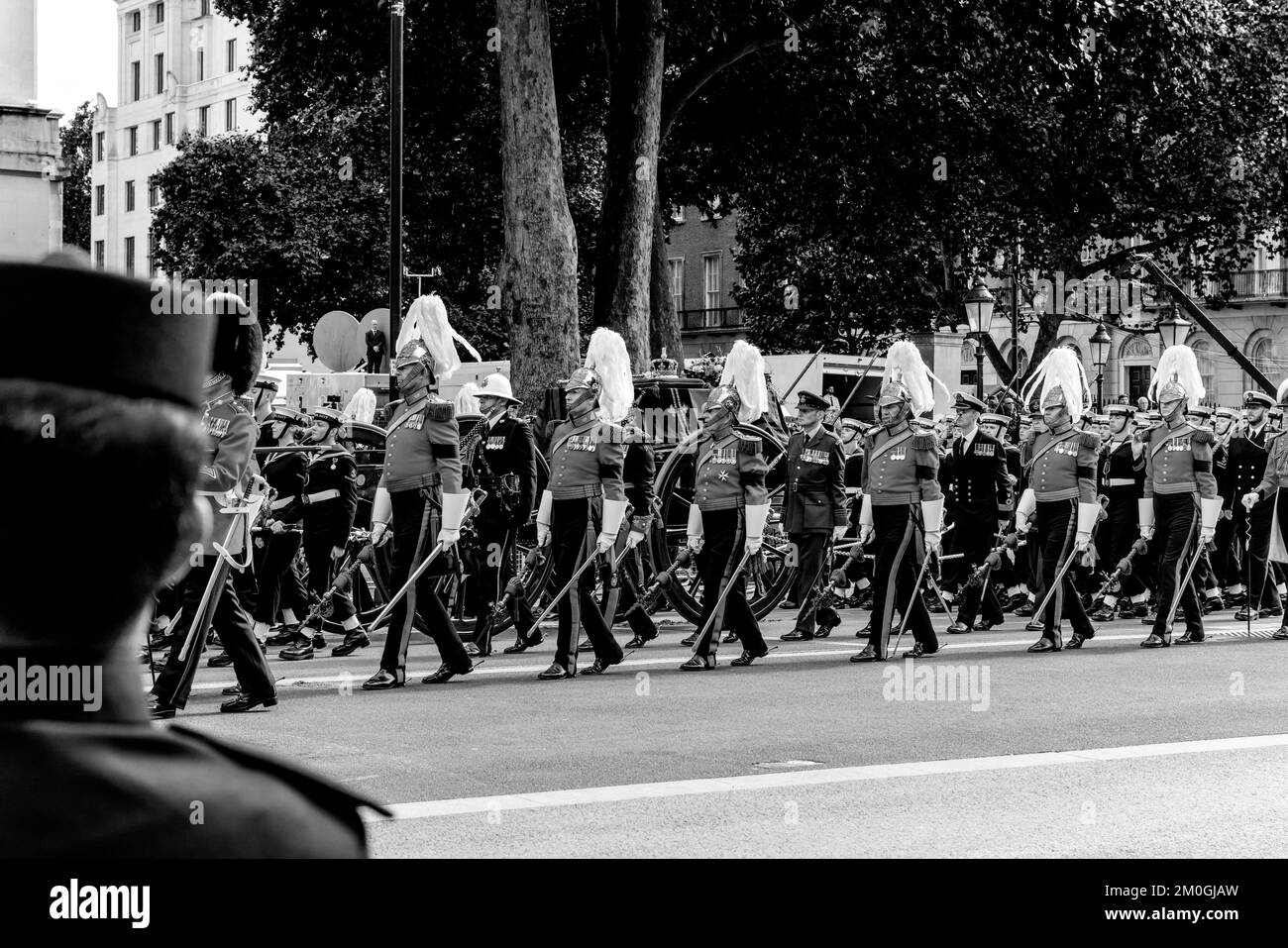 The Funeral Procession Of Queen Elizabeth II Travels Up Whitehall On