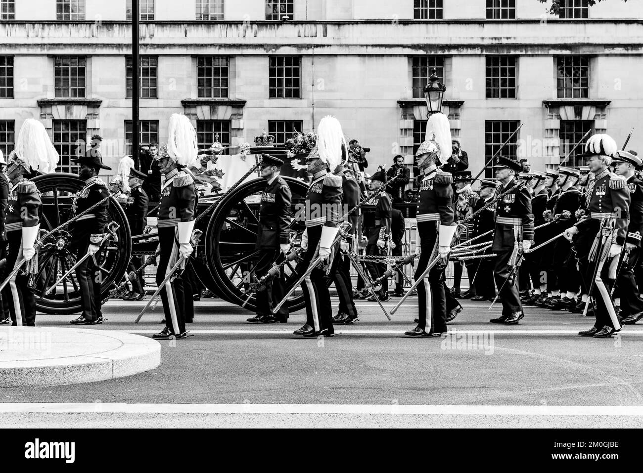 The Funeral Procession Of Queen Elizabeth II Travels Up Whitehall On
