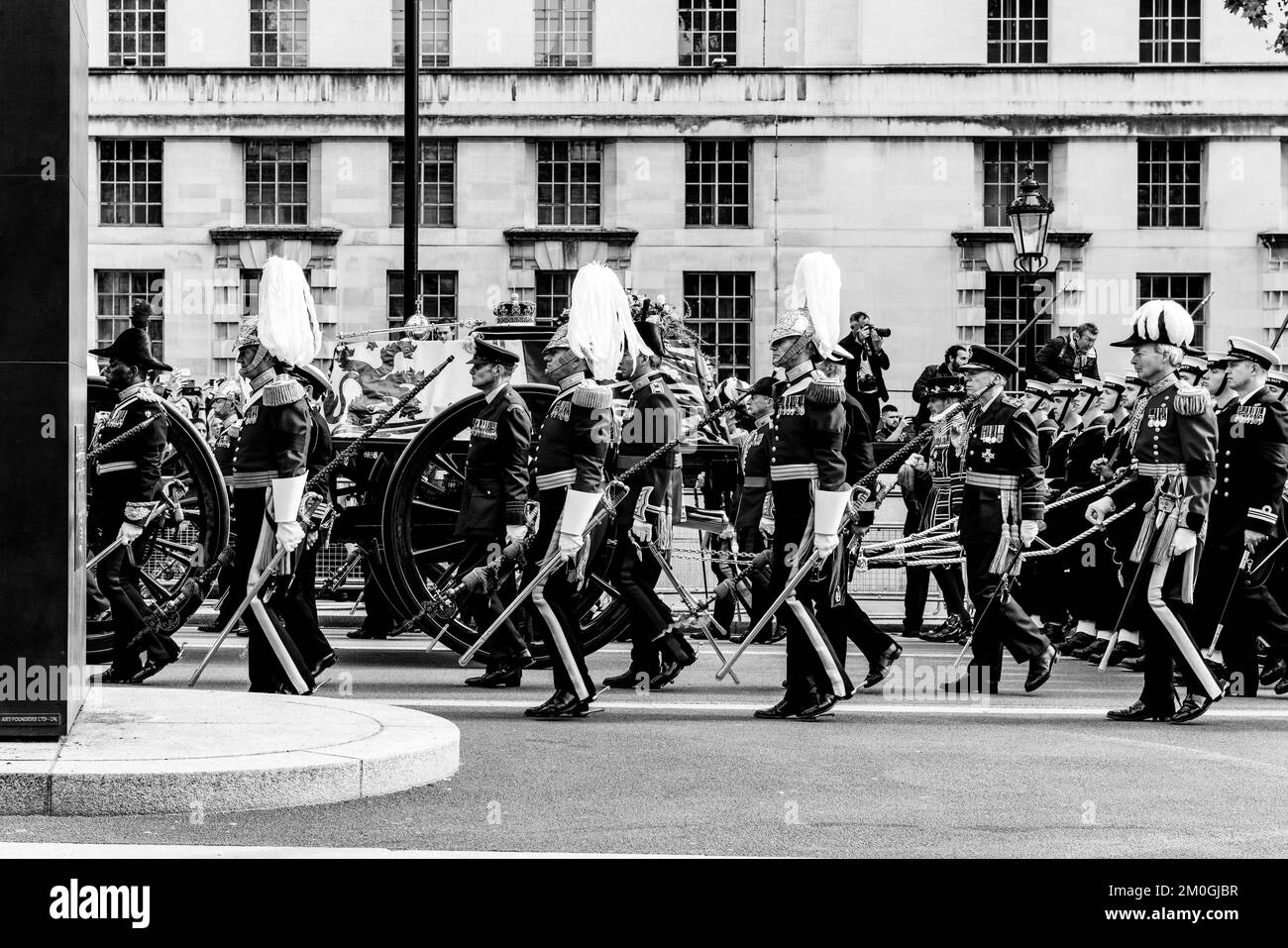 The Funeral Procession Of Queen Elizabeth II Travels Up Whitehall On