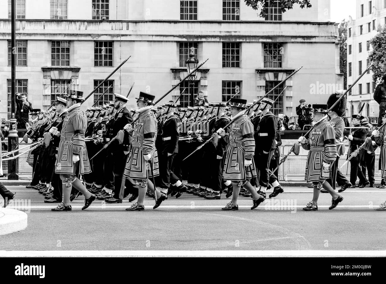 Naval Ratings/Royal Navy Sailors and Yeomen Of The Guard Take Part In Queen Elizabeth II Funeral Procession, Whitehall, London, UK. Stock Photo