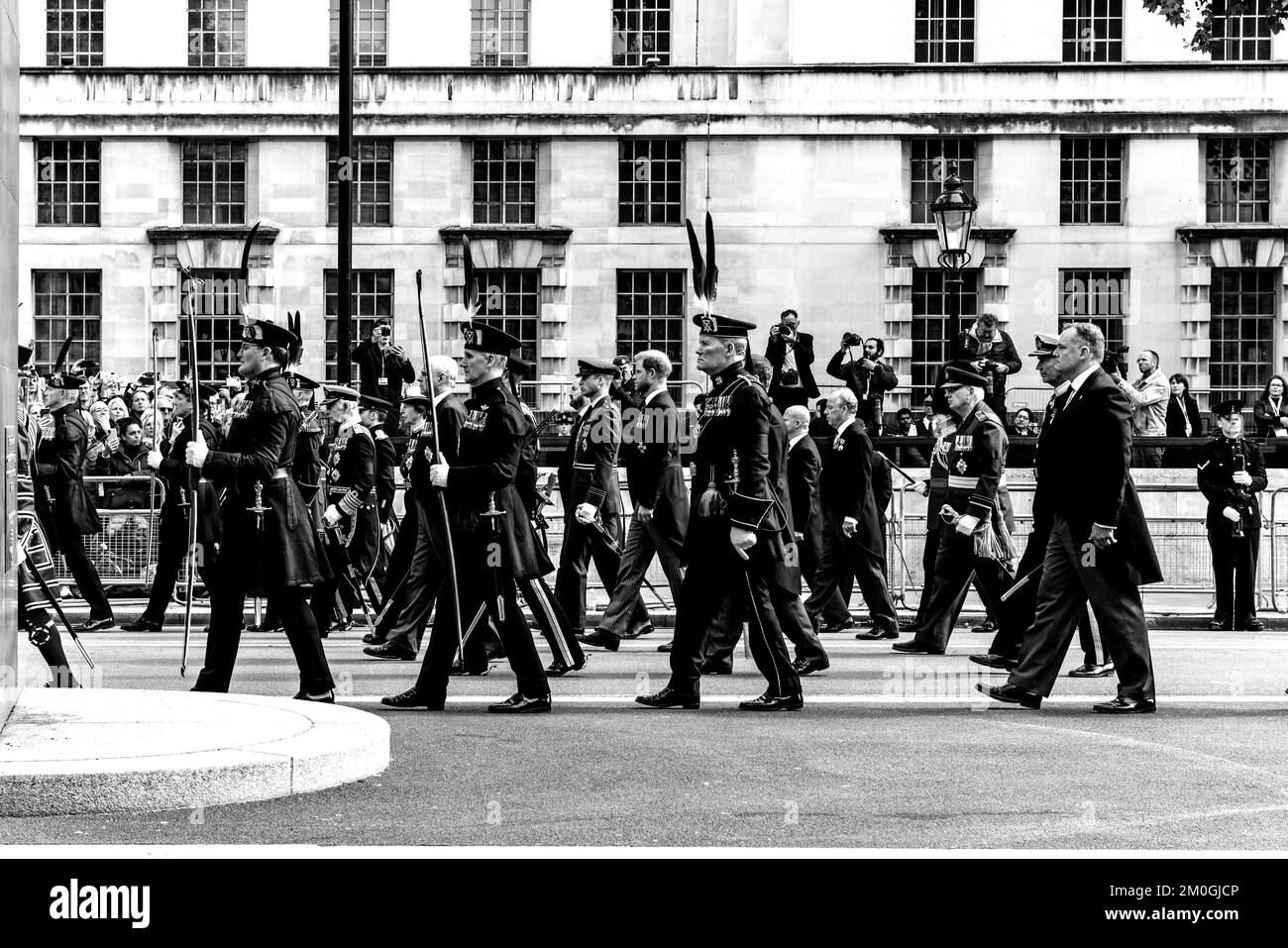 Members Of The British Royal Family Walk Behind The Coffin Of Queen Elizabeth II As The Funeral Procession Travels Up Whitehall, London, UK. Stock Photo