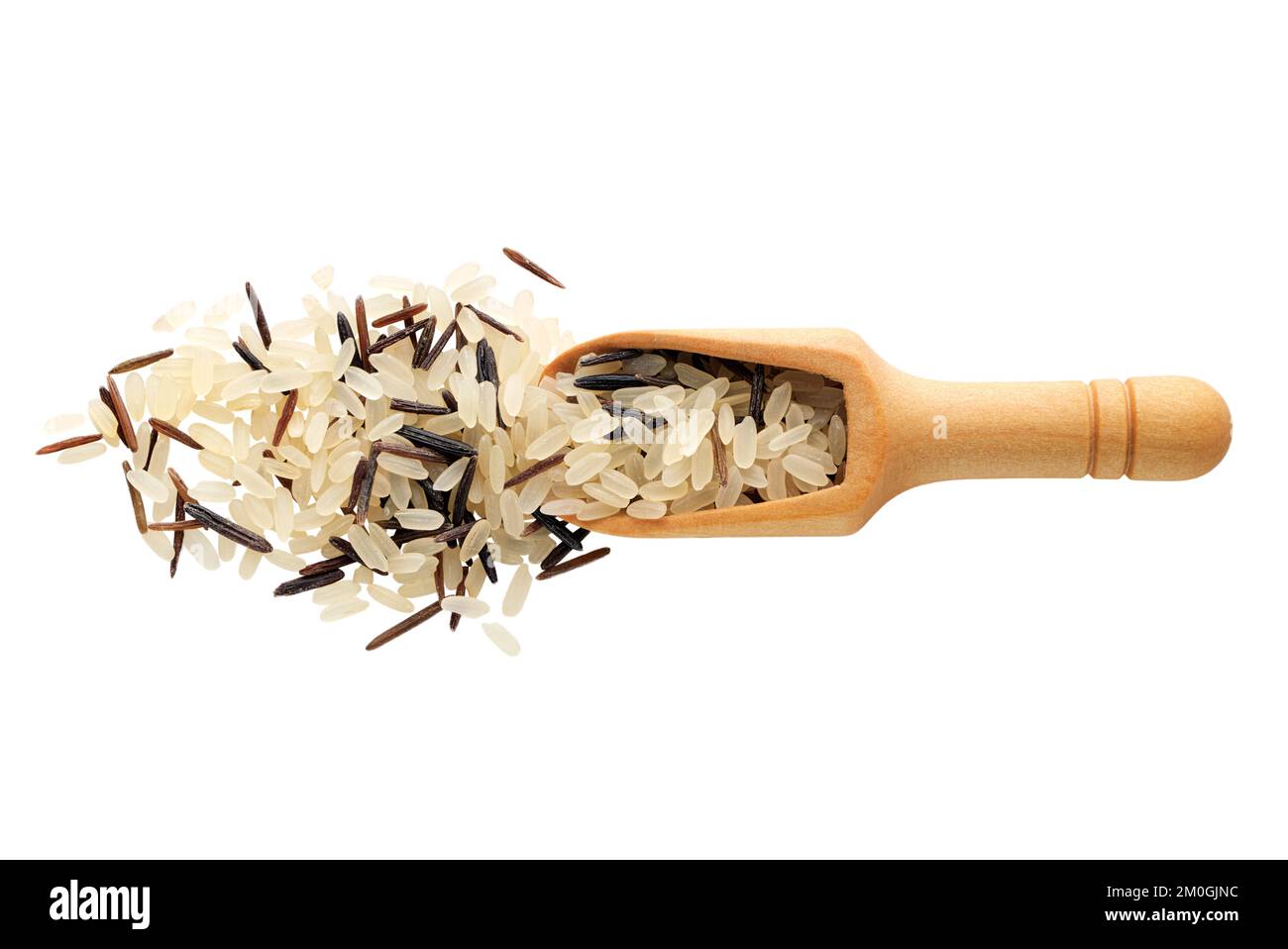 Food ingredients: mix of uncooked white and wild rice in a wooden scoop, isolated on white background Stock Photo