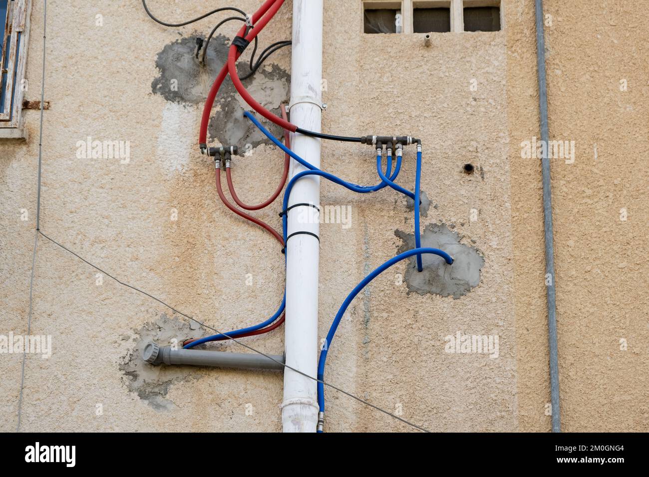 Plumbing installation of water pipe and sewerage system on the building