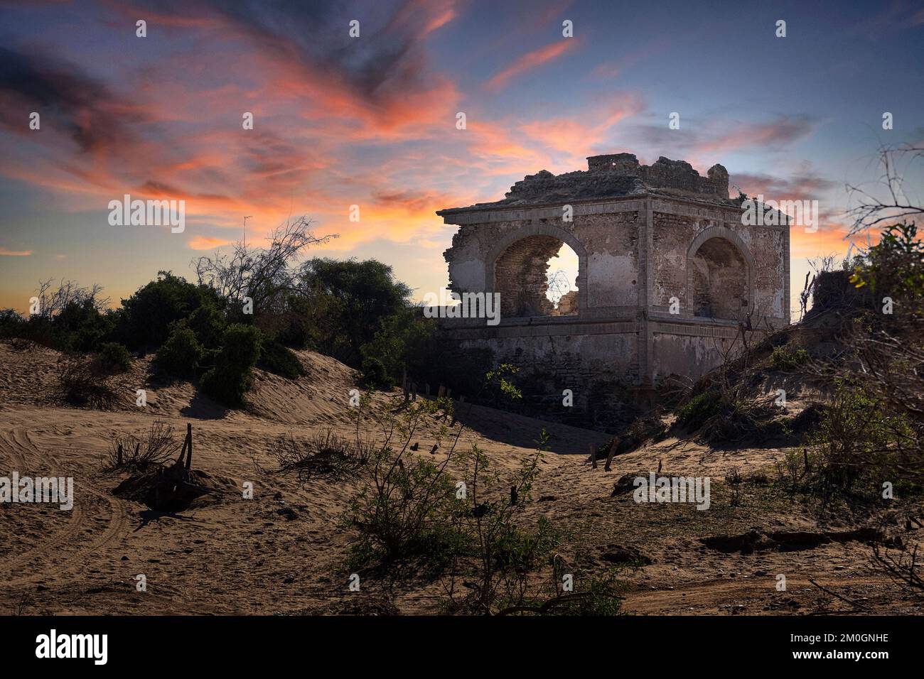 Ruin of an old fort in the dunes, sunset, Diabat, Essaouira, Morocco, Africa Stock Photo