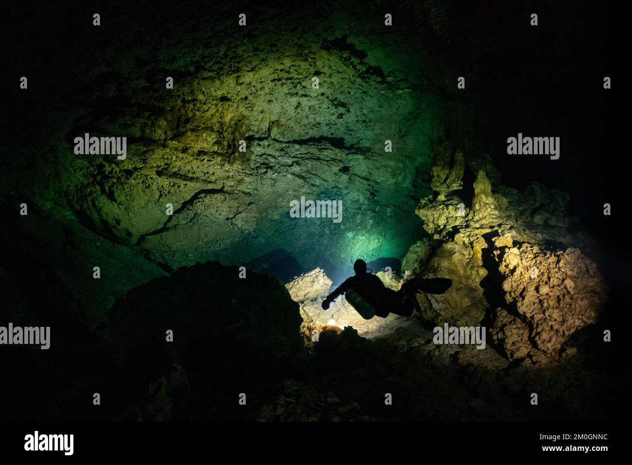 cave diver instructor leading a group of divers in a mexican cenote