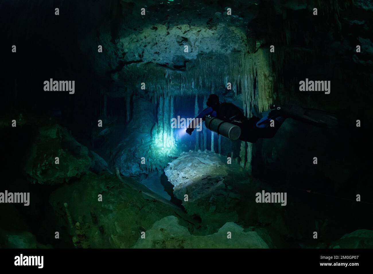 cave diver instructor leading a group of divers in a mexican cenote