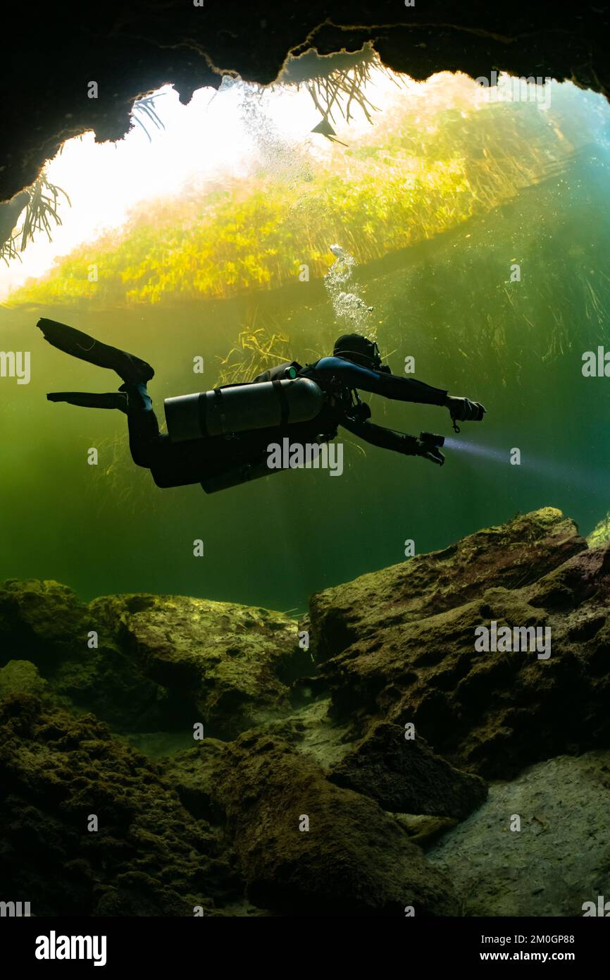 cave diver instructor leading a group of divers in a mexican cenote