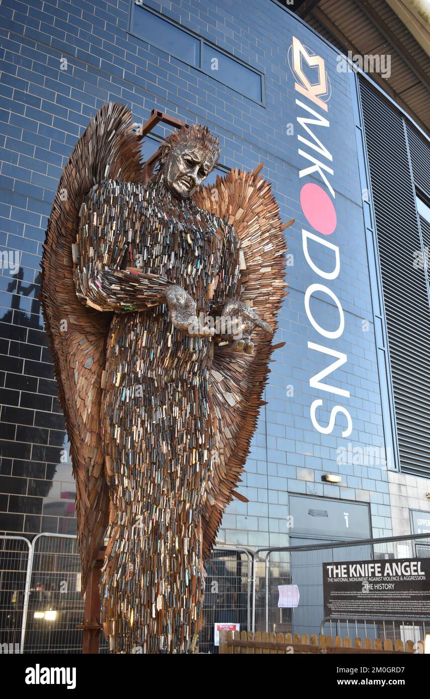 The Knife Angel by artist Alfie Bradley at Stadium MK, December 2022. The Knife Angel came to Milton Keynes as part of an anti-violence campaign. Stock Photo