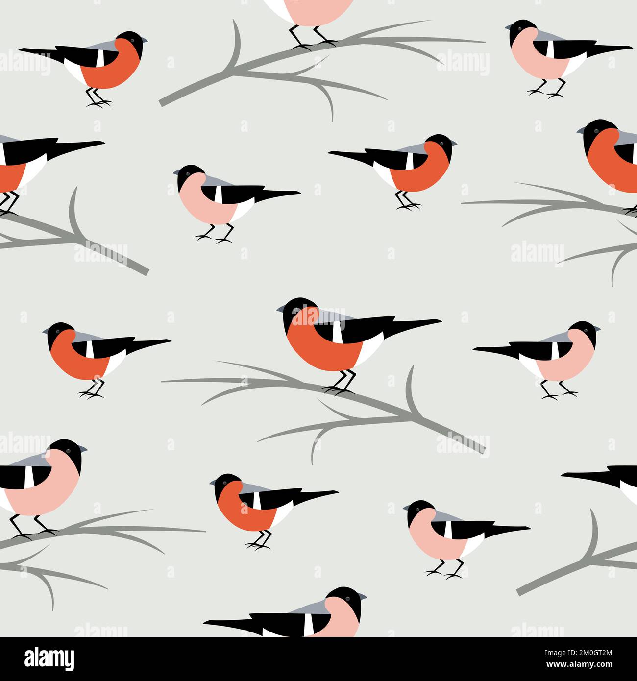Seamless pattern with bullfinches sitting on branches. Stock Vector