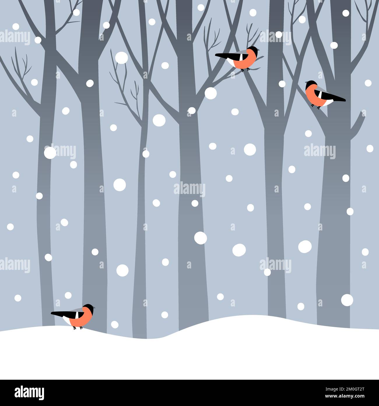 Snowy forest with three birds sitting on branches. Stock Vector