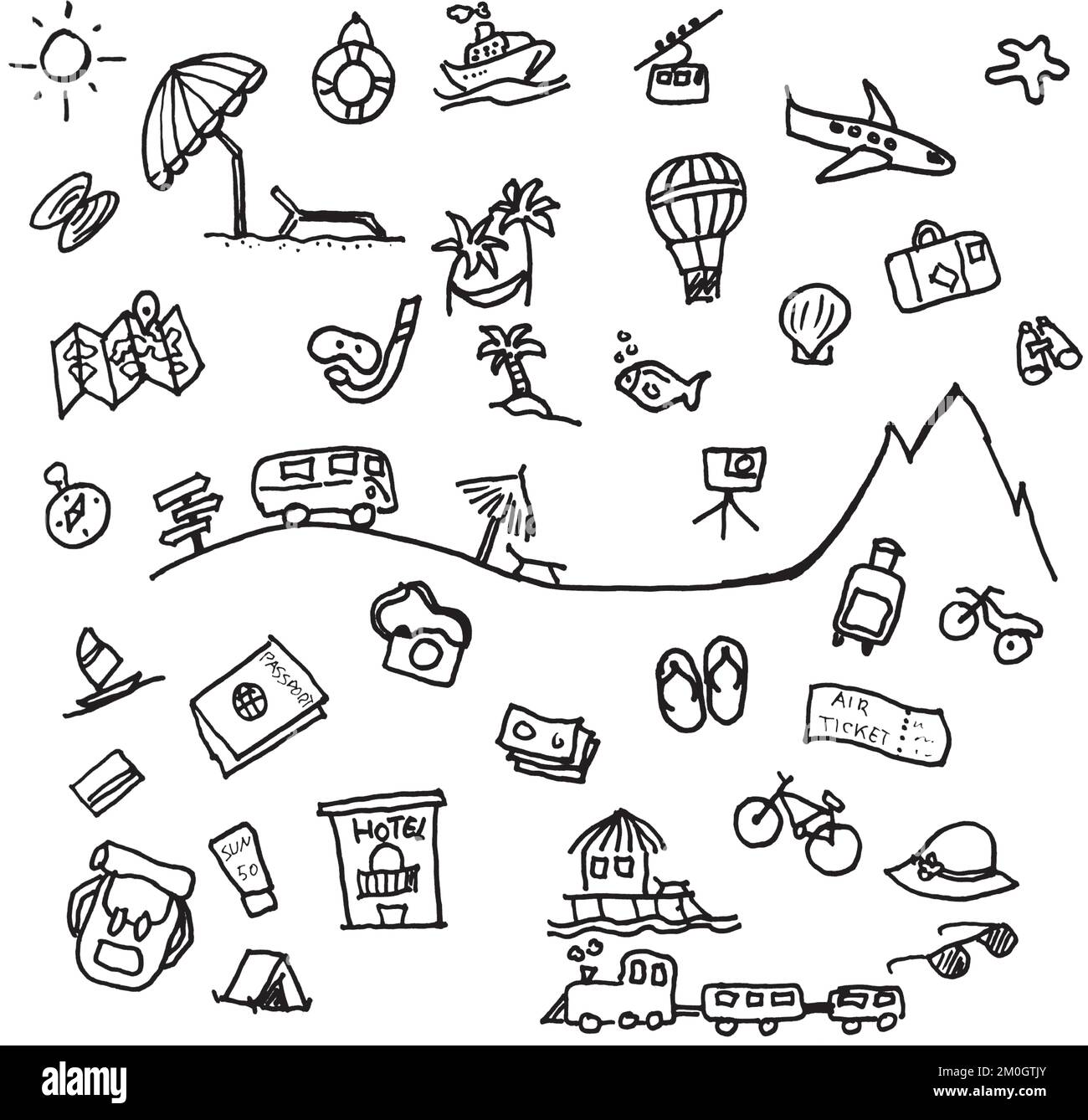 Travel freehand drawn icon set collection Stock Vector