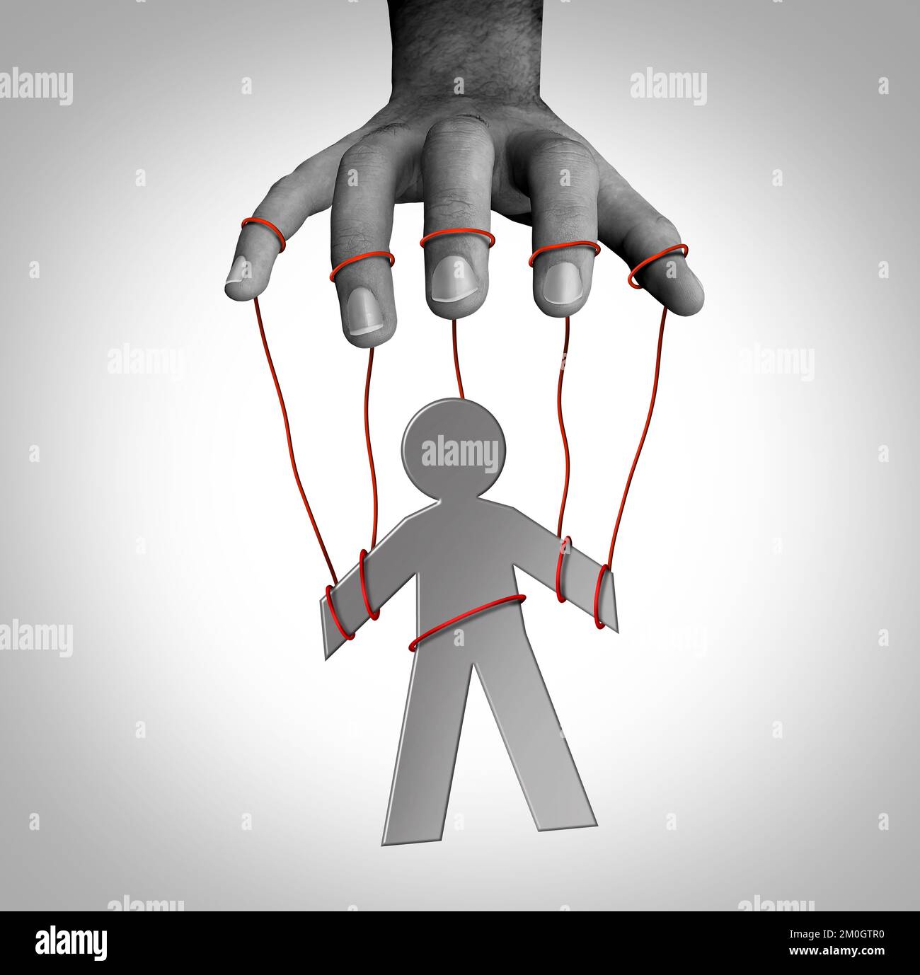 Manipulator concept and puppet master symbol as a person on strings as an icon controlled by someone that manipulates and is gaslighting Stock Photo