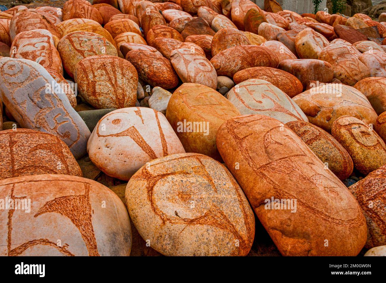 Praying stones at the kingdom of Guge, Western Tibet, Asia Stock Photo