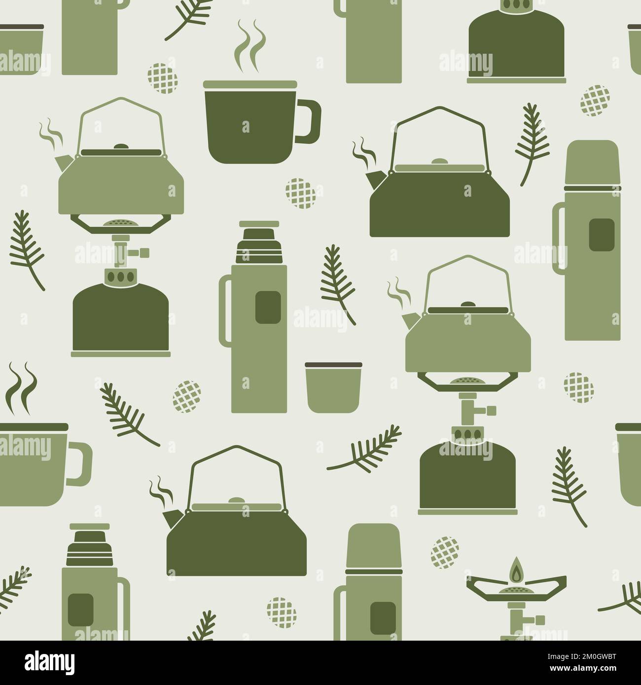 Seamless pattern with camping gas stove and coffee kettle, thermos bottles, outdoor coffee break. Stock Vector