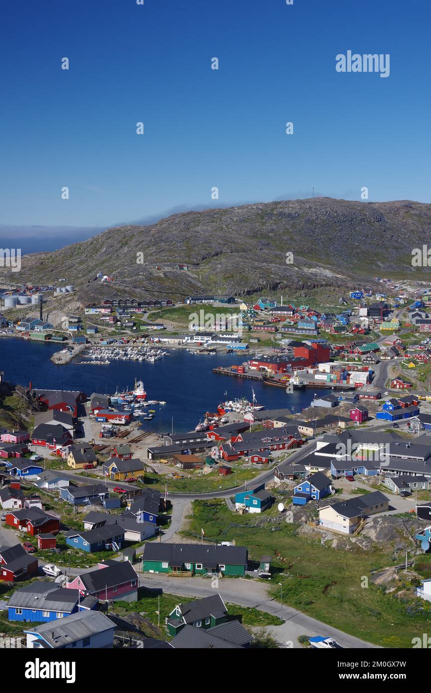 Colourful wooden houses on a mountainside, town, Qaqortoq, Arctic