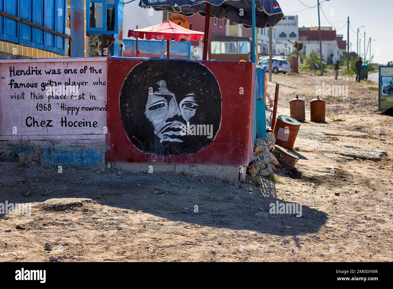 Portrait with information, guitarist, rock musician Jimi Hendrix, street art in Diabat, Essaouira, Morocco, Africa Stock Photo