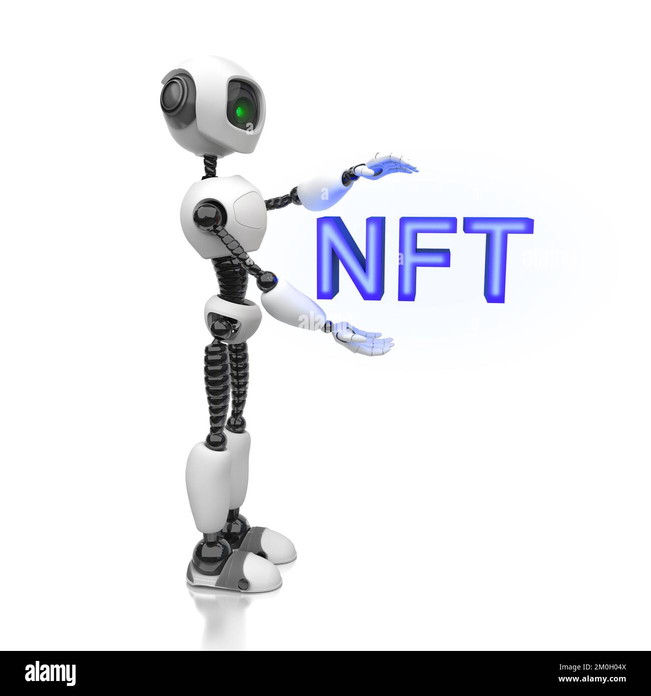 A humanoid robot holds the word NFT in its hand on a white background. Non fungible token . Crypto art.Creative conceptual illustration. 3D rendering. Stock Photo