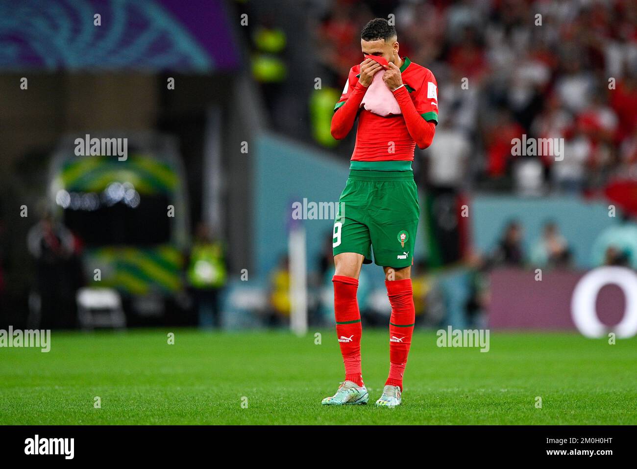 AL RAYYAN, QATAR - DECEMBER 6: Youssef En Nesyri of Morocco reacts during the Round of 16 - FIFA World Cup Qatar 2022 match between Morocco and Spain at the Education City Stadium on December 6, 2022 in Al Rayyan, Qatar (Photo by Pablo Morano/BSR Agency) Stock Photo
