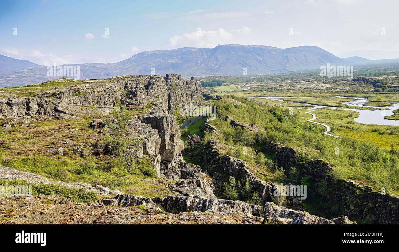 A scenic view of the geological formations of Iceland rift valley on a ...