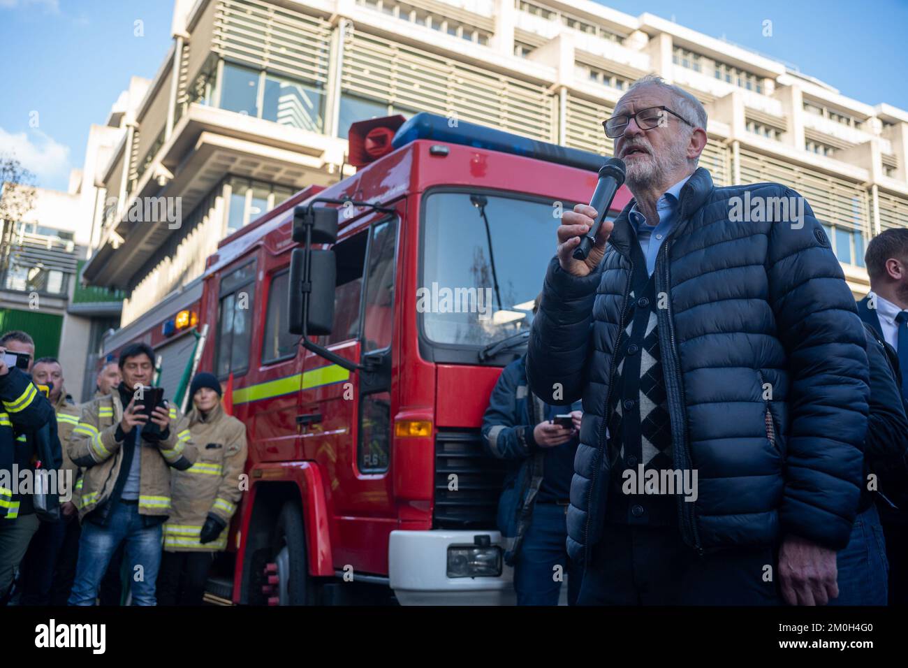 London/UK 06 Dec 2022. Fire brigade Union opened their strike ballot to their 32,000 members of firefighters and control staff. With a show of solidarity hundreds of firefighters then marched from their meeting to Houses of Parliament, demanding a fair pay rise.  Aubrey Fagon/Live Alamy News Stock Photo