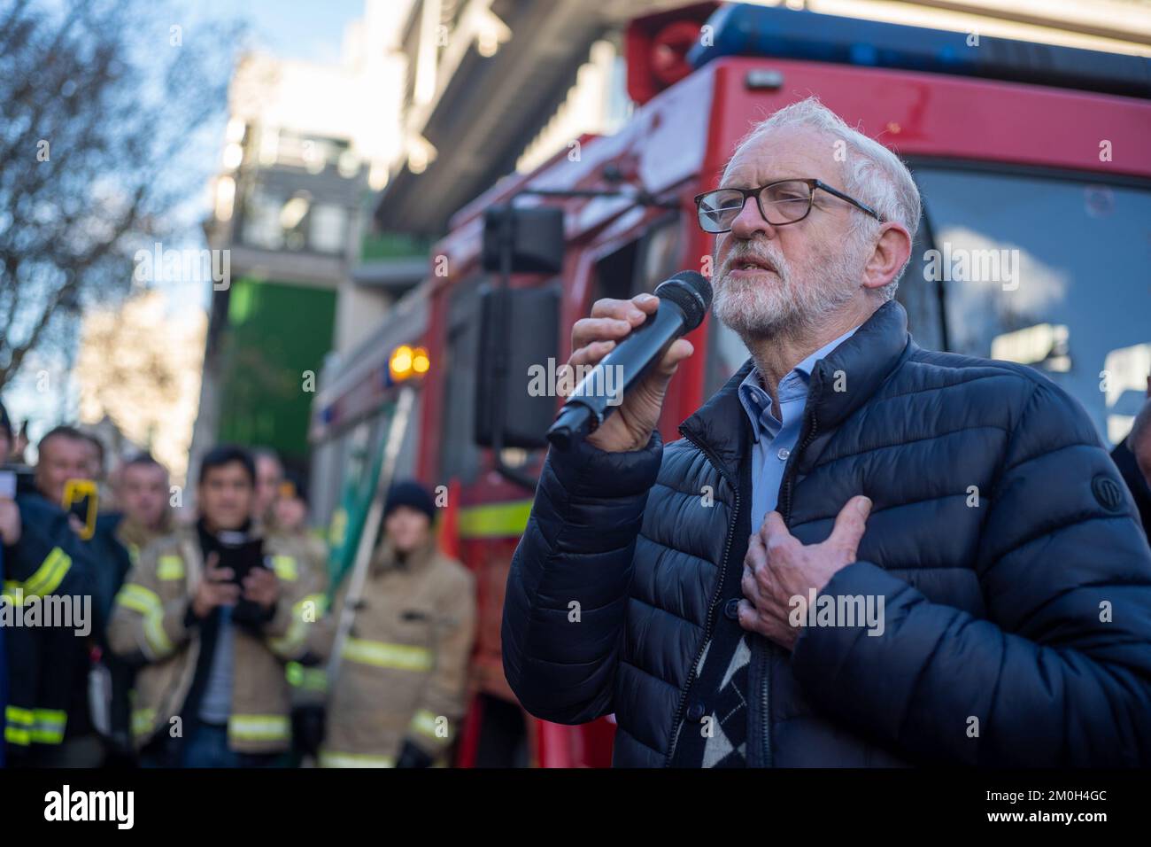 London/UK 06 Dec 2022. Fire brigade Union opened their strike ballot to their 32,000 members of firefighters and control staff. With a show of solidarity hundreds of firefighters then marched from their meeting to Houses of Parliament, demanding a fair pay rise.  Aubrey Fagon/Live Alamy News Stock Photo
